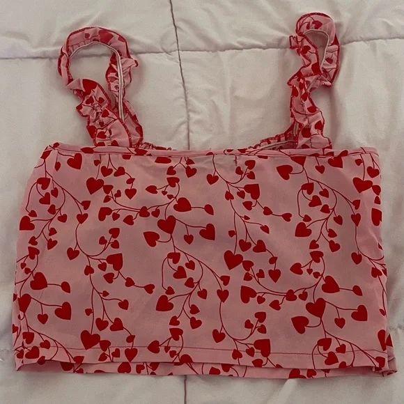 SHEIN pink red heart print all over crop top, size S Barbiecore festival summer - Picture 12 of 14